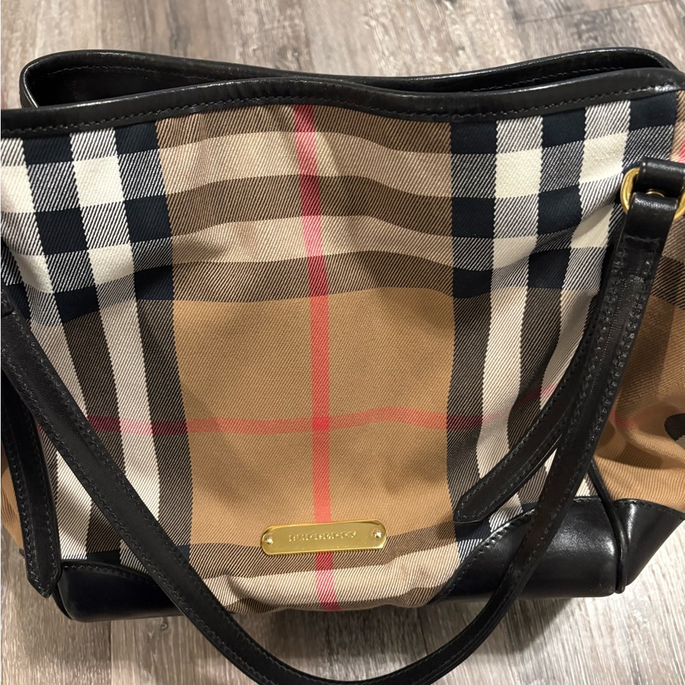 Burberry Tan Check Canvas Tote with Black Leather Trim